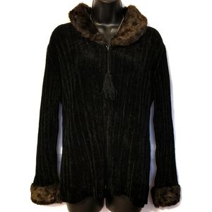 That Sweater Ribbed Fur Trimmed Full Zip Black M